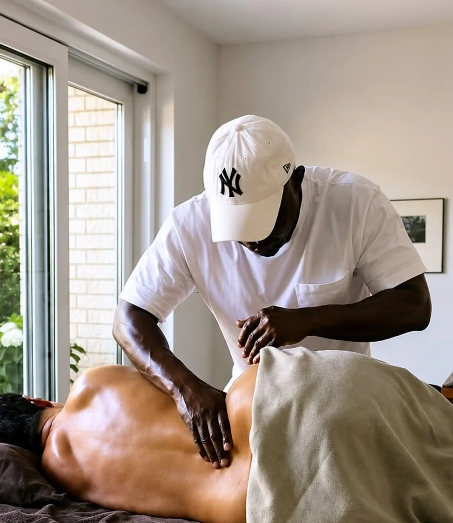 Wilfrand Brice arbeitet ruhig und flächig am Rücken einer liegenden Person auf der mobilen Massageliege
