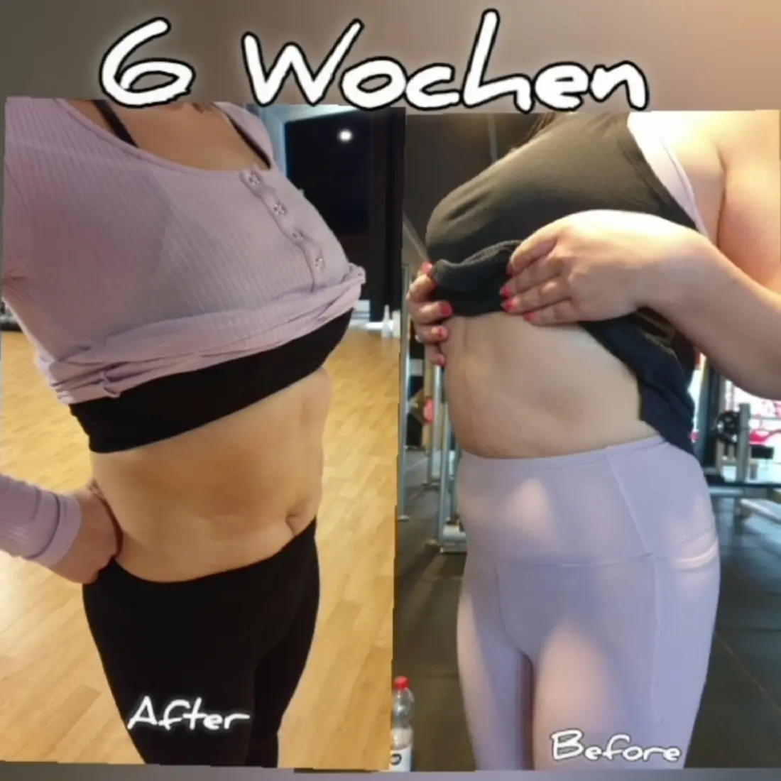 Vergleichsaufnahme einer Kundin im Abstand von sechs Wochen, seitliche Ansicht der Bauchpartie, mit der Beschriftung „6 Wochen“, „Before“ und „After“